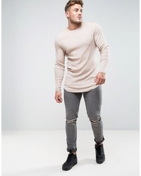 Asos Super Longline Muscle Long Sleeve Rib T Shirt With Curved Hem In Pink