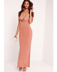 Missguided Slinky Cowl Halter Neck Maxi Dress Pink
