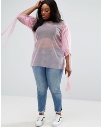 Asos Curve Curve Top In Mesh With Bow Sleeves