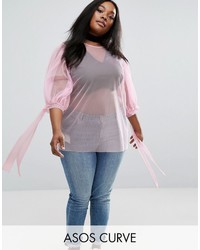Asos Curve Curve Top In Mesh With Bow Sleeves