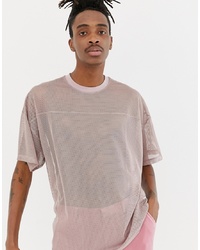 ASOS DESIGN Oversized T Shirt In Mesh With Yoke Seam Detail In Pink