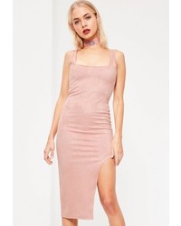 Missguided Pink Faux Suede Asymmetric Midi Dress