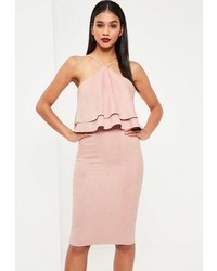 Missguided Pink Faux Suede Frill Midi Dress