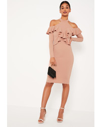 Missguided Pink Frill Cold Shoulder Midi Dress