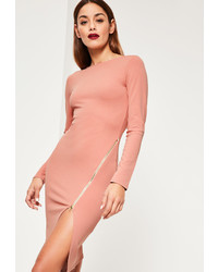 Missguided Pink Long Sleeve Zip Detail Midi Dress
