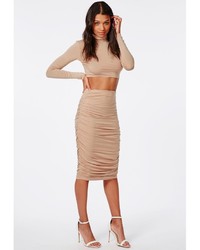 Missguided Ruched Seam Midi Skirt Nude