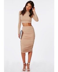 Missguided Ruched Seam Midi Skirt Nude