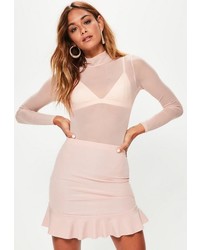 Missguided Pink Frill Hem Ribbed Mini Skirt