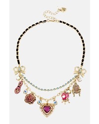 Betsey Johnson Imperial Frontal Charm Necklace Pink Multi Gold
