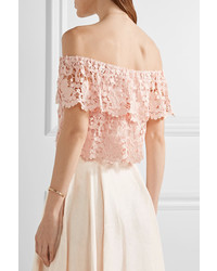 Miguelina Angelica Off The Shoulder Layered Cotton Lace Top Pastel Pink