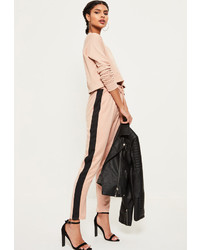 Missguided Pink Satin Side Stripe Elastic Waist Cigarette Trousers