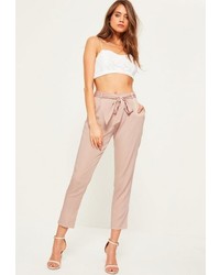 Missguided Pink Satin Tie Waist Cigarette Trousers