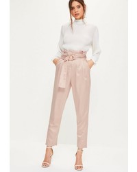 Missguided Pink Super High Waisted Paperbag Belted Trousers