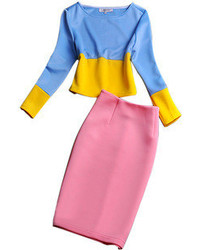 Choies Contrast Color Crop Top With Milk Pink Pencil Skirt