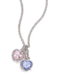 Judith Ripka La Petite Blue Quartz Pink Crystal Sterling Silver Twin Heart Pendant Necklace
