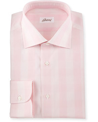 Brioni Solid Glen Plaid Woven Dress Shirt Pink