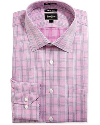 Neiman Marcus Trim Fit Regular Finish Plaid Dress Shirt Pink