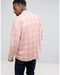 Asos Oversized Check Shirt In Heavy Wash In Pink