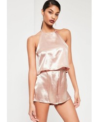 Missguided Pink Double Layer Halterneck Satin Romper