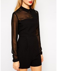 Asos Tall Romper With Collar And Sheer Sleeves