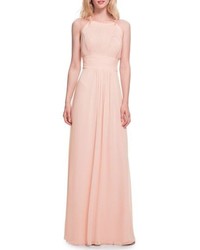 Levkoff Low Back Pleated Chiffon Gown