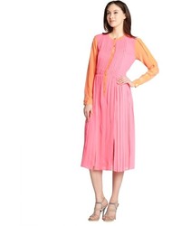 Rachel Roy Candy Pink And Orange Pleated Silk Long Sleeve Dress
