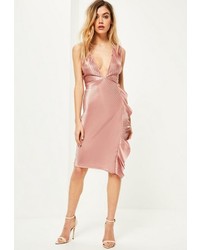 Missguided Pink Pleated Plunge Frill Midi Dress