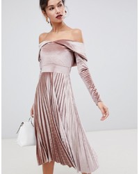 ASOS DESIGN Pleated Velvet Bardot Midi Dress