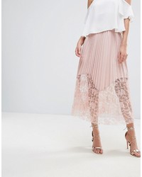 Boohoo Pleated Lace Trim Midi Skirt