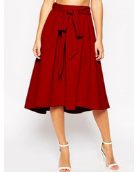 Red Tie Waist Flare Midi Skirt