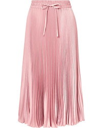 Pink Pleated Satin Midi Skirt