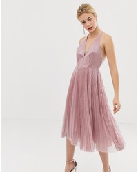 Pink Pleated Sequin Midi Dress