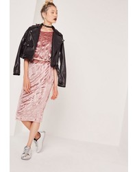 Missguided Velvet Pleated Midi Skirt Pink
