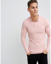 ASOS DESIGN Muscle Fit Long Sleeve Jersey Polo In Pink