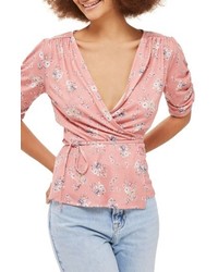 Topshop Print Ruched Sleeve Wrap Top