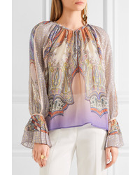 Etro Printed Silk Chiffon And Fil Coup Blouse Pink