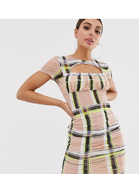 NaaNaa Rushed Mesh Mini Dress In Neon Check