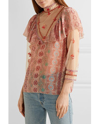 Anna Sui Printed Metallic Fil Coup Chiffon And Embroidered Tulle Blouse Pink