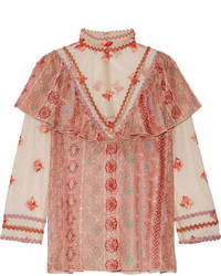 Anna Sui Printed Metallic Fil Coup Chiffon And Embroidered Tulle Blouse Pink