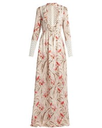 Giambattista Valli Daisy Print Lace Trimmed Silk Chiffon Gown
