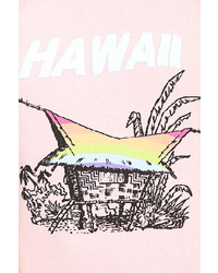 Romwe Hawaii And House Print Pink T Shirt