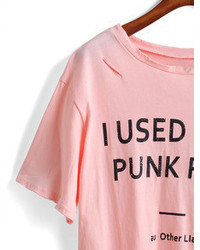 Letter Print Ripped Pink T Shirt