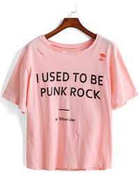 Letter Print Ripped Pink T Shirt
