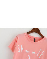 Letter Print Scalloped Hem Pink T Shirt