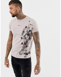 Religion Muscle Fit T Shirt With Large Praying Skull And Roses Print