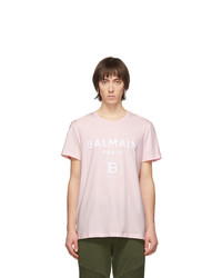 Balmain Pink Flocked Logo T Shirt