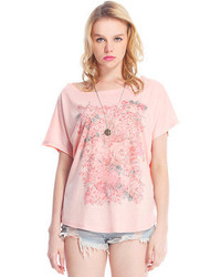 Roses Printed Batwing Sleeves Pink T Shirt