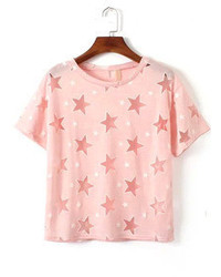 With Mesh Star Print Hollow Pink T Shirt