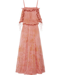 Valentino Off The Shoulder Ruffled Printed Silk Chiffon Gown Antique Rose