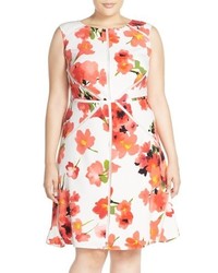 Adrianna Papell Mesh Inset Floral Print Fit Flare Dress